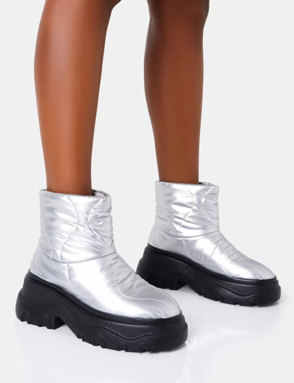 Hot Public Desire Frostbite Metallic Nylon Quilted Chunky Sole Ankle Boots Silver