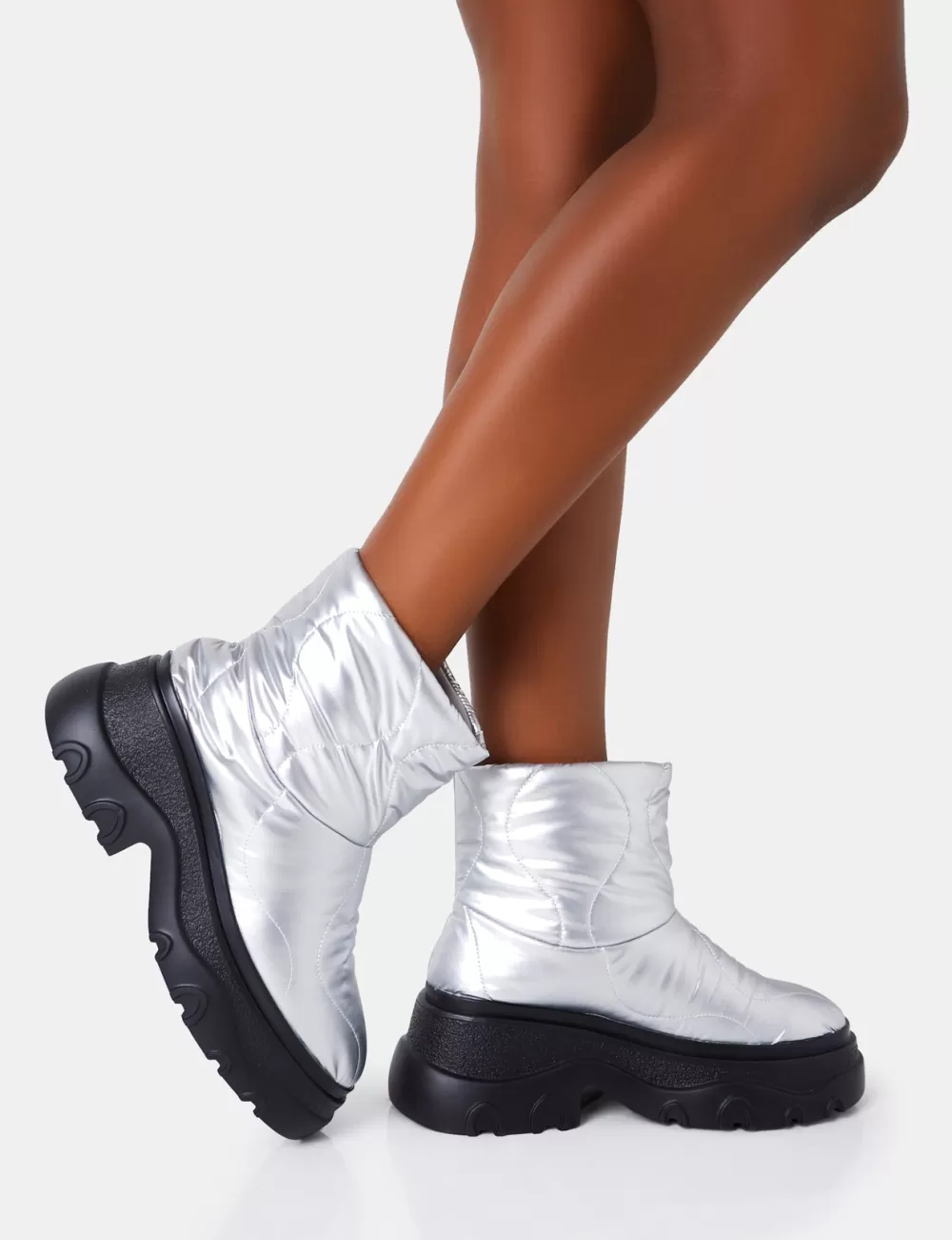 Hot Public Desire Frostbite Metallic Nylon Quilted Chunky Sole Ankle Boots Silver