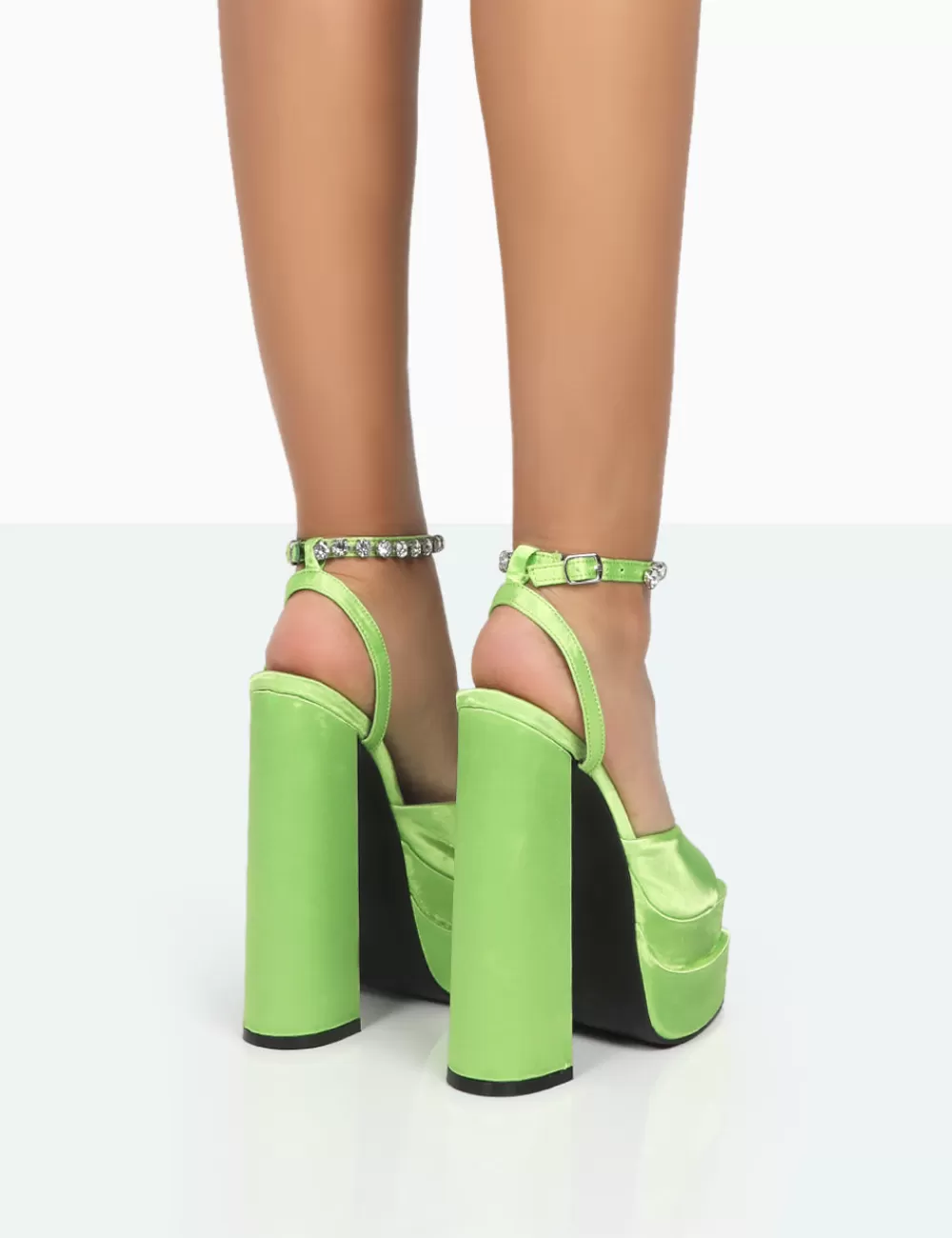 Hot Public Desire Frozen Lime Satin Sparkly Diamante Strap Open Toe Block Platform Heels Green