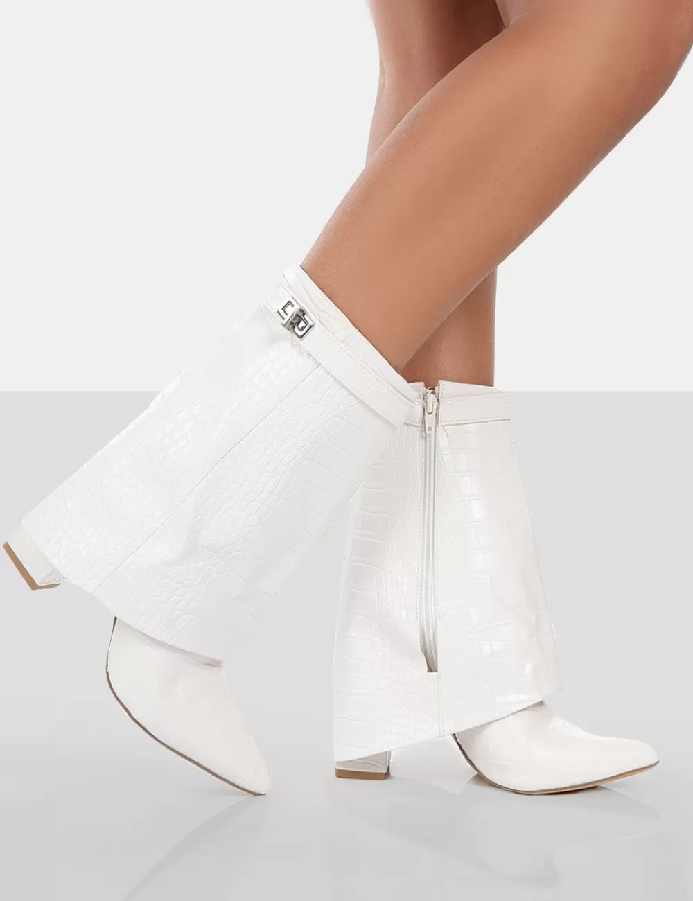 Best Sale Public Desire Fyre Croc Pointed Toe Block Heeled Ankle Boots White