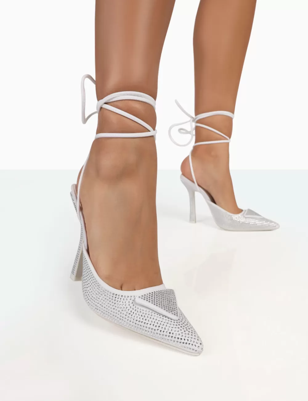 Fashion Public Desire Galaxy Sparkly Diamante Stiletto Lace Up Wrap Around Heels Silver