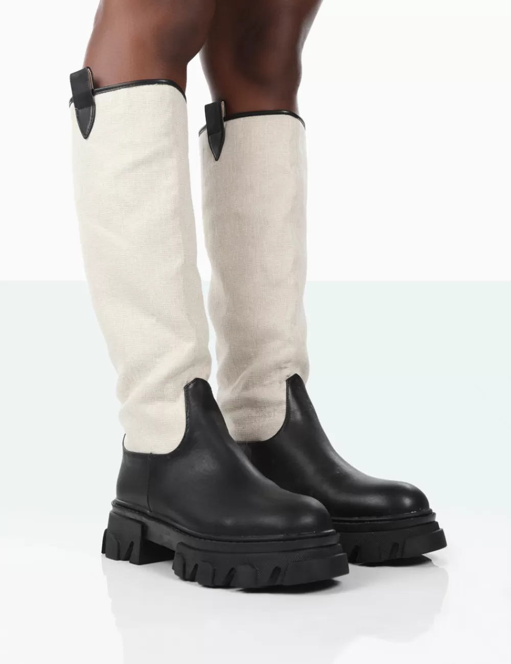 Shop Public Desire Genius PU Knee High Linen Platform Chunky Sole Boots Black