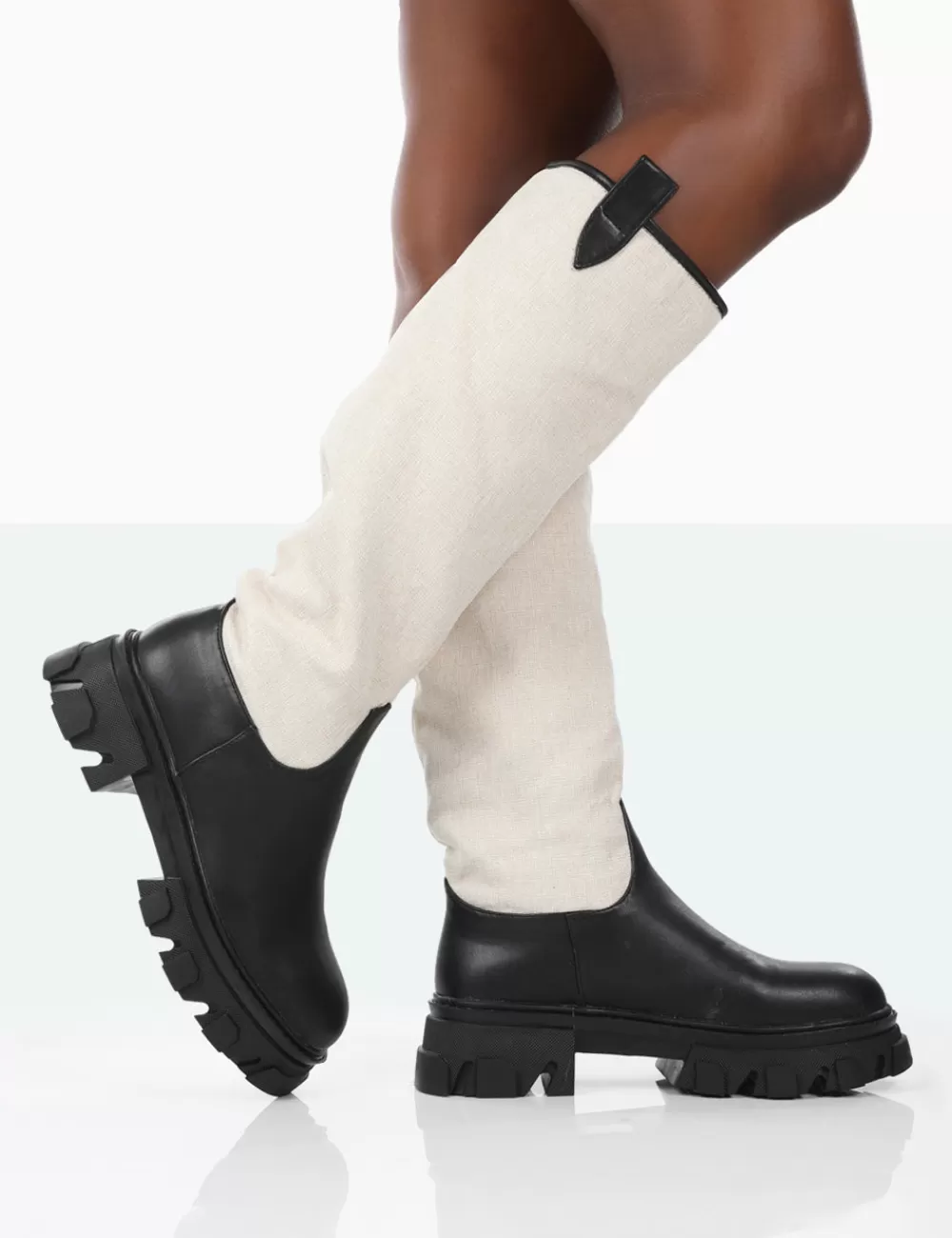 Shop Public Desire Genius PU Knee High Linen Platform Chunky Sole Boots Black