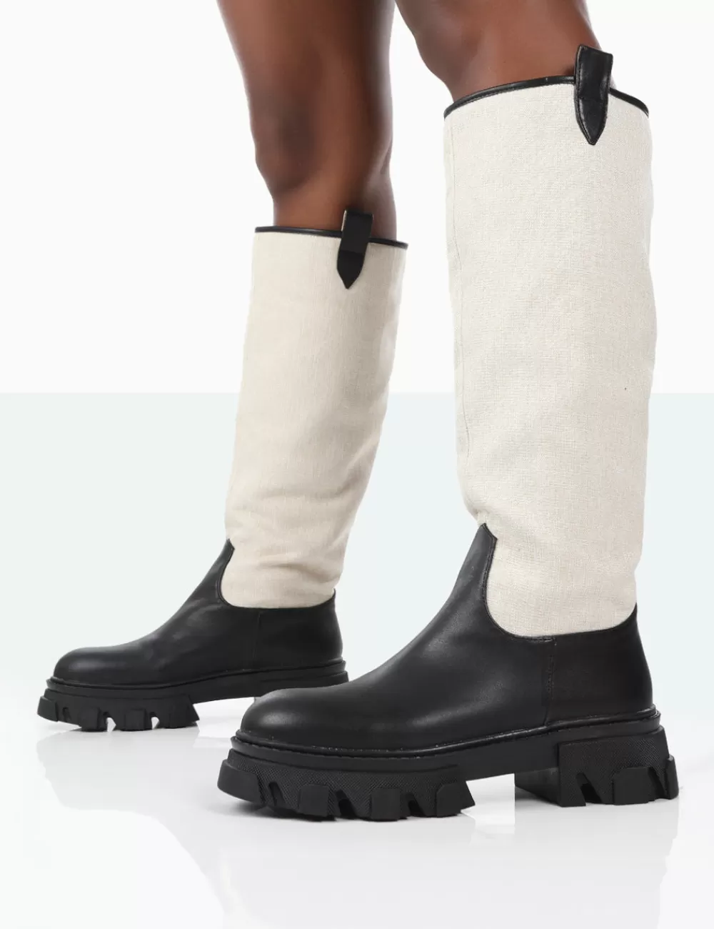 Shop Public Desire Genius PU Knee High Linen Platform Chunky Sole Boots Black