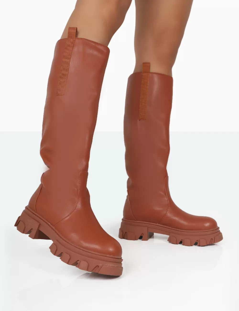 Flash Sale Public Desire Genius Tabacco Tan Pu Knee High Chunky Sole Boots Brown