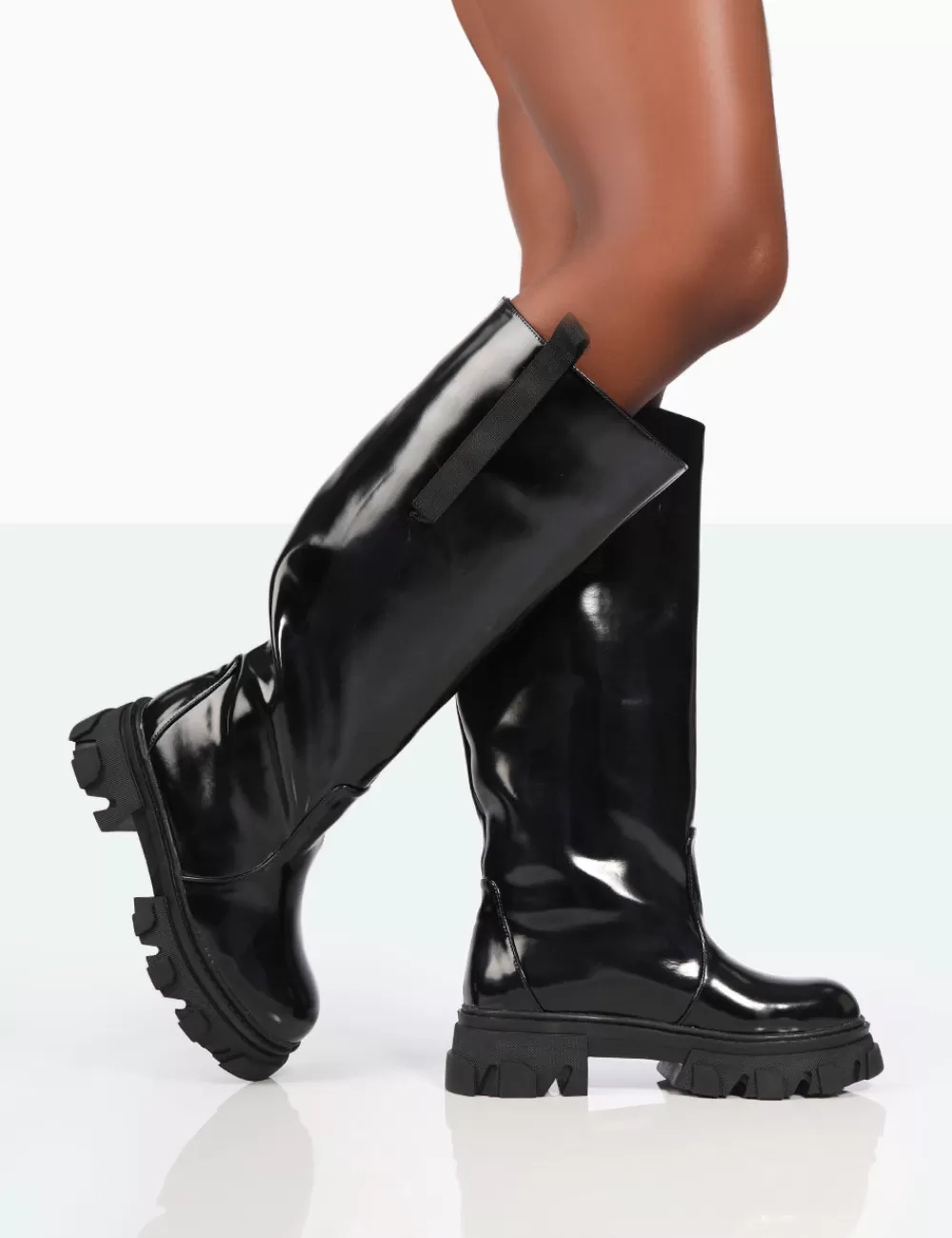 Sale Public Desire Genius Wide Fit Box Patent Knee High Chunky Sole Boots Black