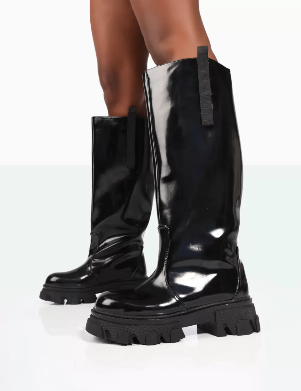 Sale Public Desire Genius Wide Fit Box Patent Knee High Chunky Sole Boots Black