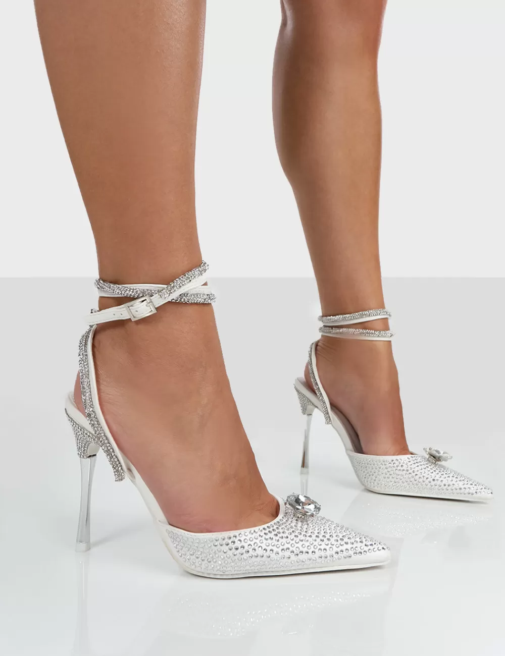 Discount Public Desire Glisten Diamante Sparkly Wrap Around Pointed Toe Court Heels White