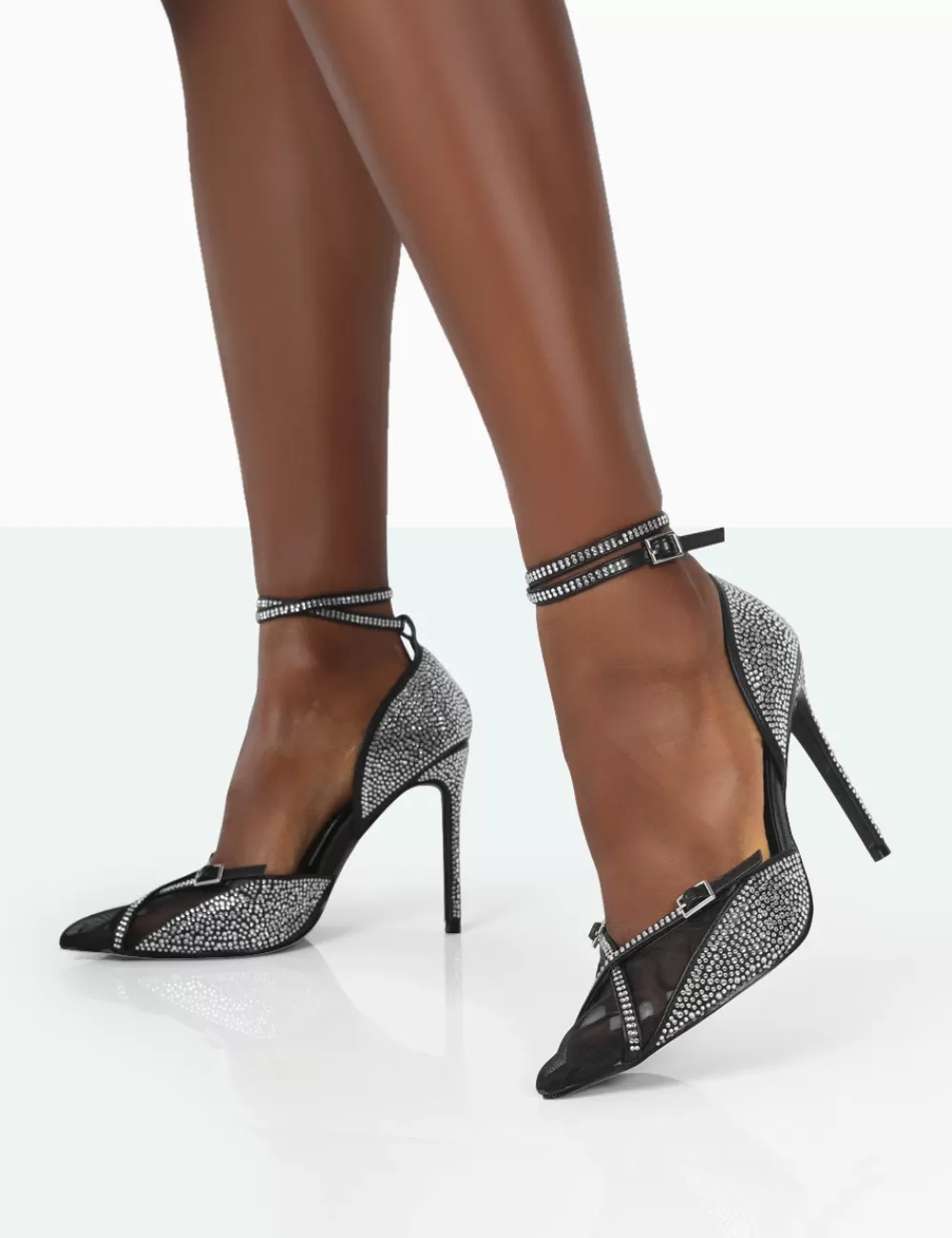 Store Public Desire Glitch Black Diamante Mesh Pointed Toe Court Stiletto High Heel