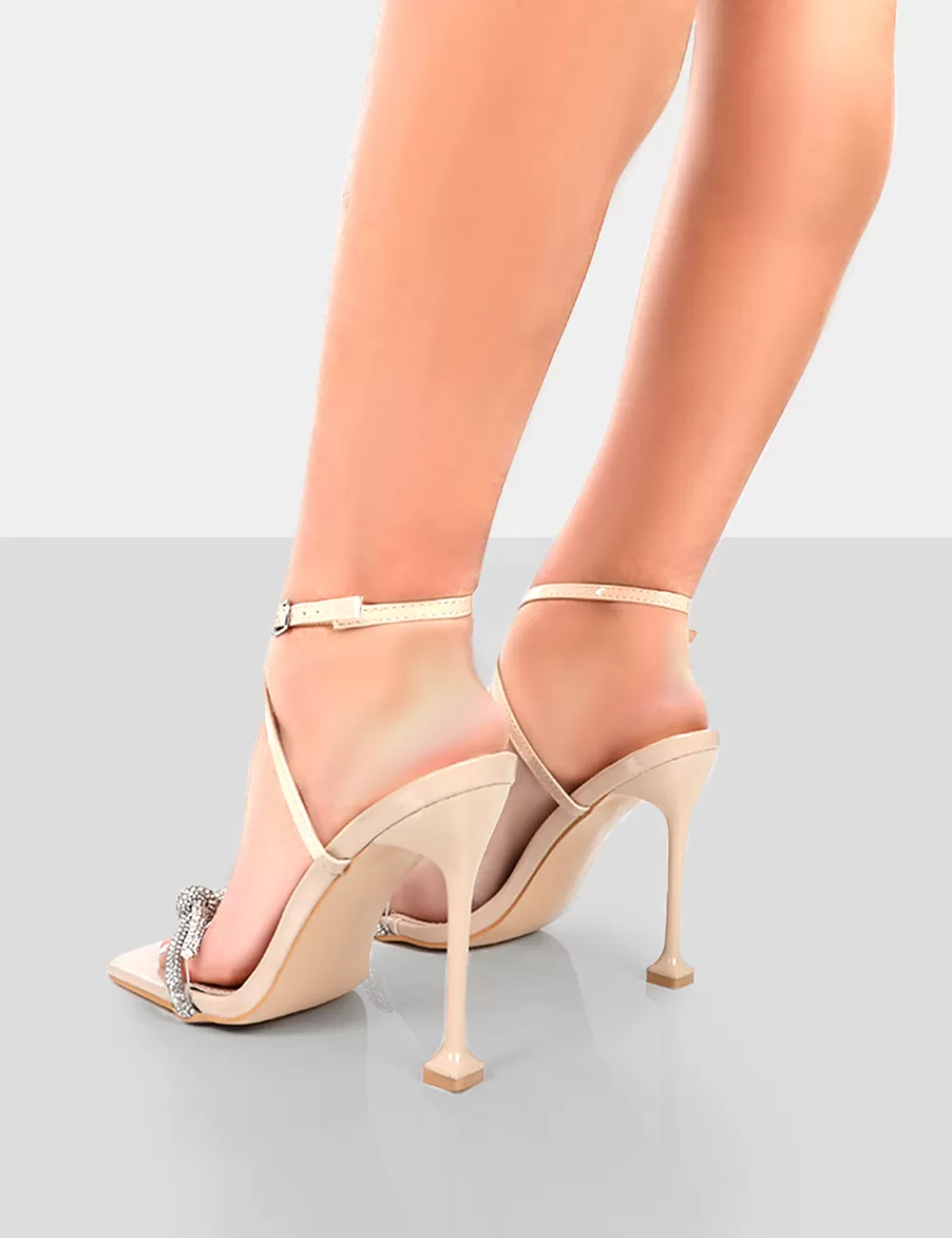 Discount Public Desire Glitter Wrap Around Diamante Bow Square Toe Heels Nude