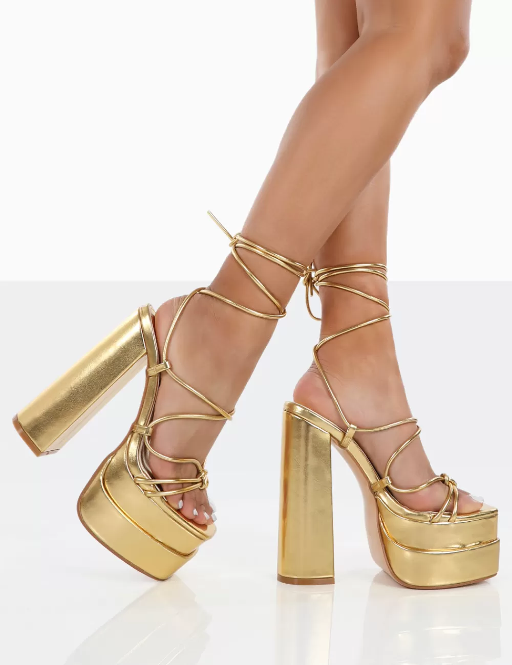 New Public Desire Glow Girl PU Lace Up Platform High Heels Gold