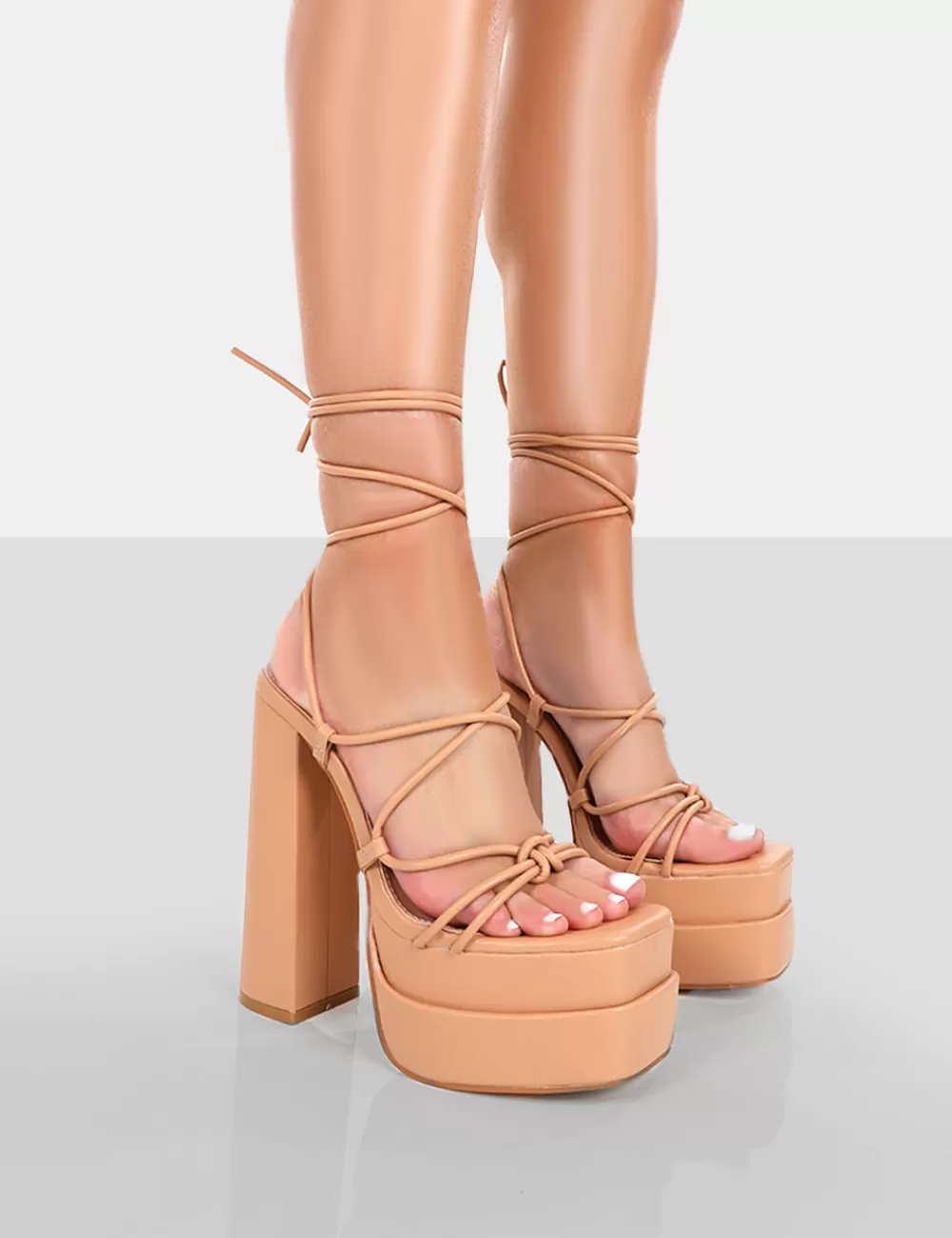 Cheap Public Desire Glow Girl PU Lace Up Platform High Heels Nude