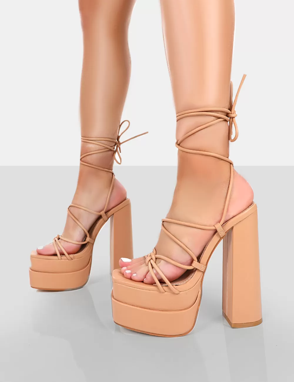 Cheap Public Desire Glow Girl PU Lace Up Platform High Heels Nude