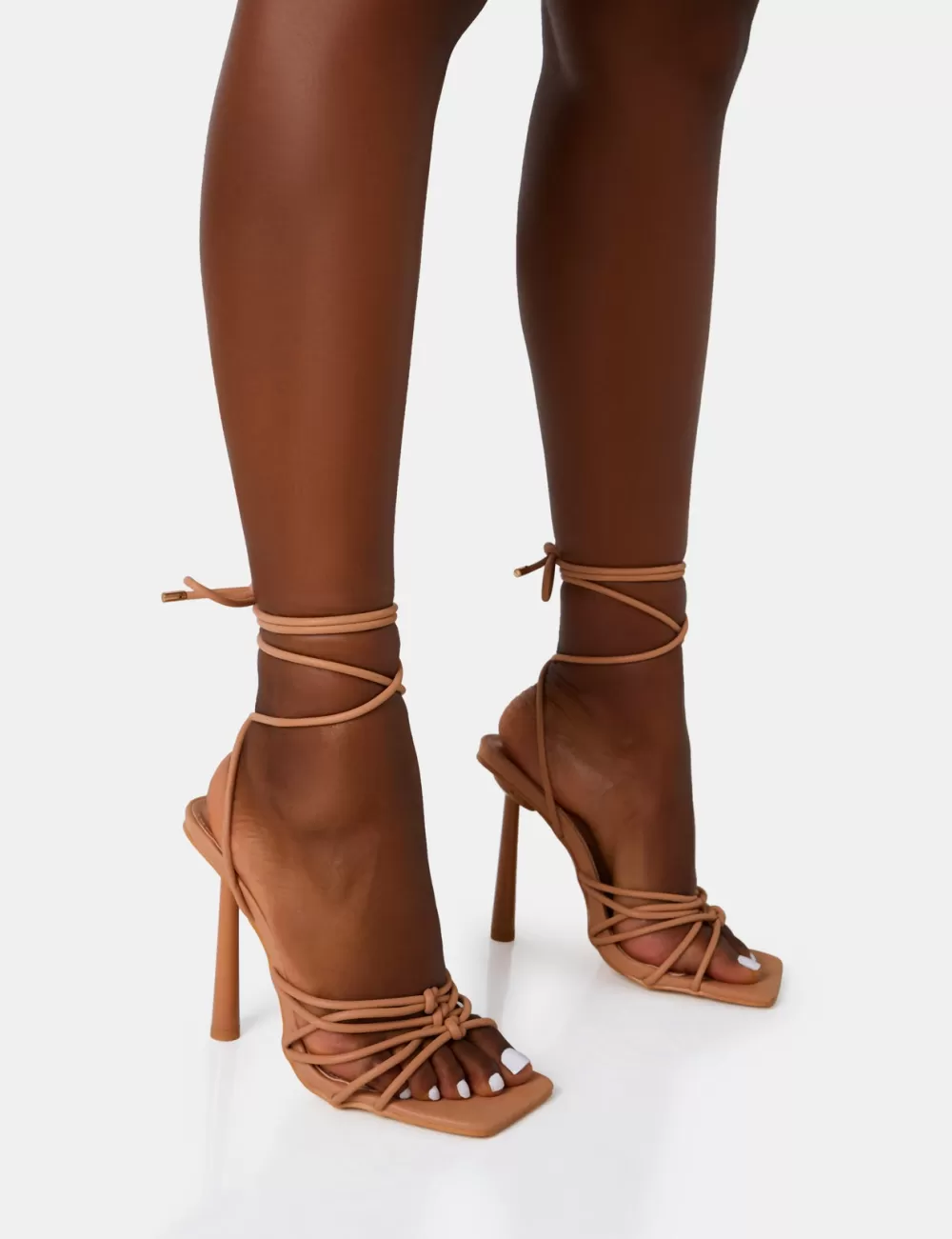 Outlet Public Desire Glow Up Wide Fit Nude PU Knotted Strappy Lace Up Square Stiletto Heels Neutral