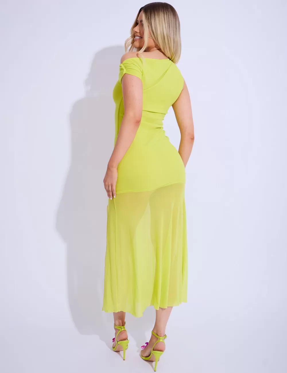 Sale Public Desire Gold Trim Off the Shoulder Mesh Insert Maxi Dress Lime