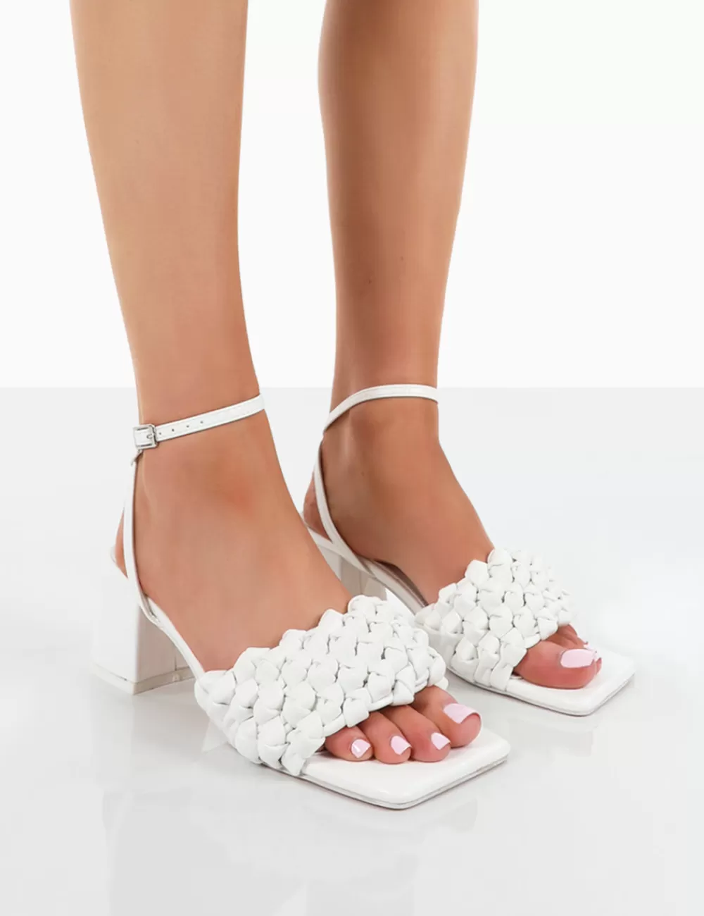 Online Public Desire Got This Pu Woven Square Toe Block Mid Heeled Mule Sandals White