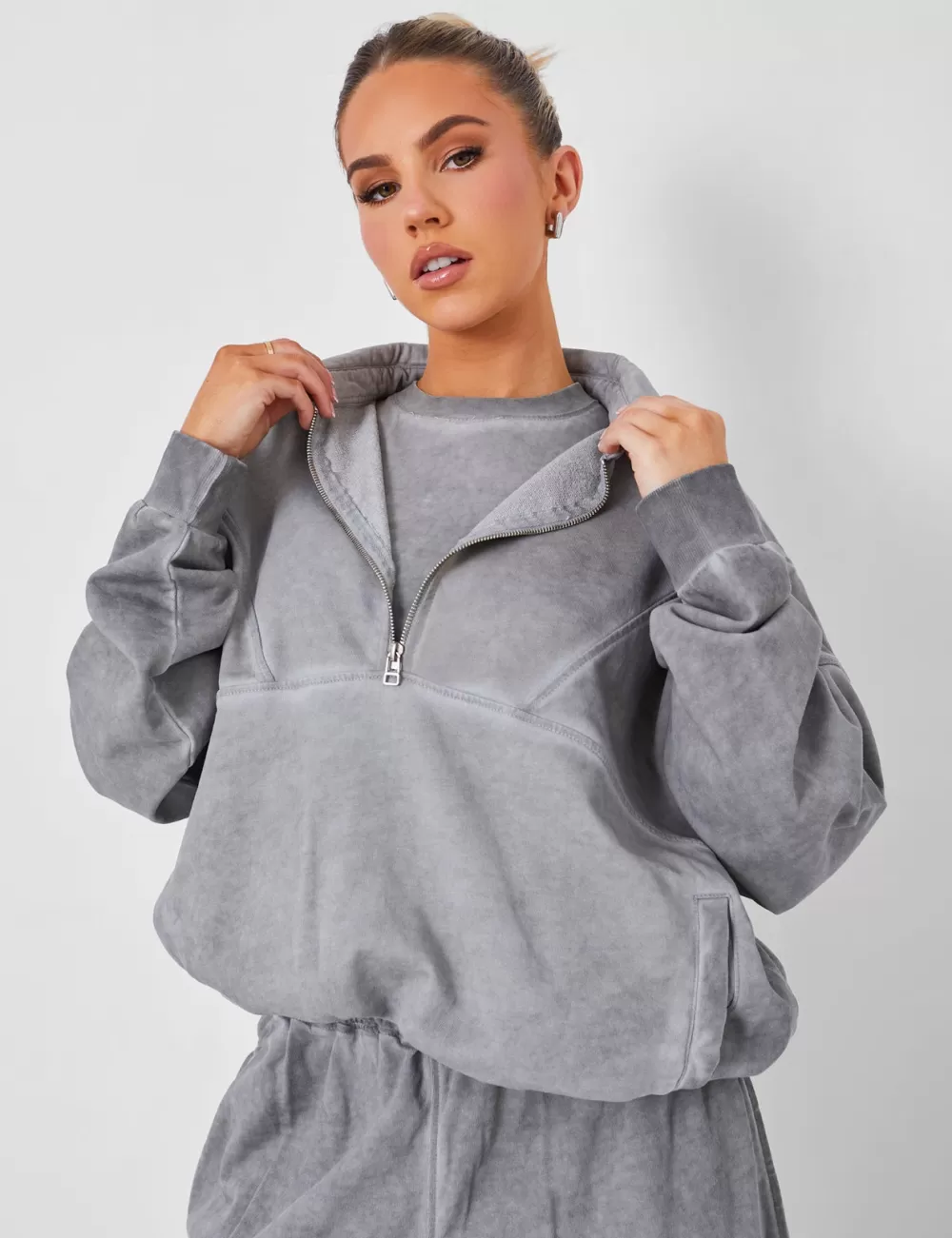 Best Public Desire Half Zip Oversized Sweatshirt Co-ord Washed Grey
