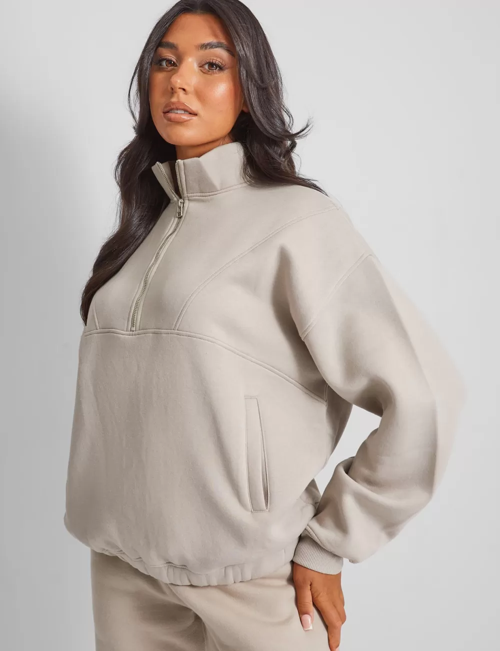 Best Public Desire Half Zip Oversized Sweatshirt Stone Neutral