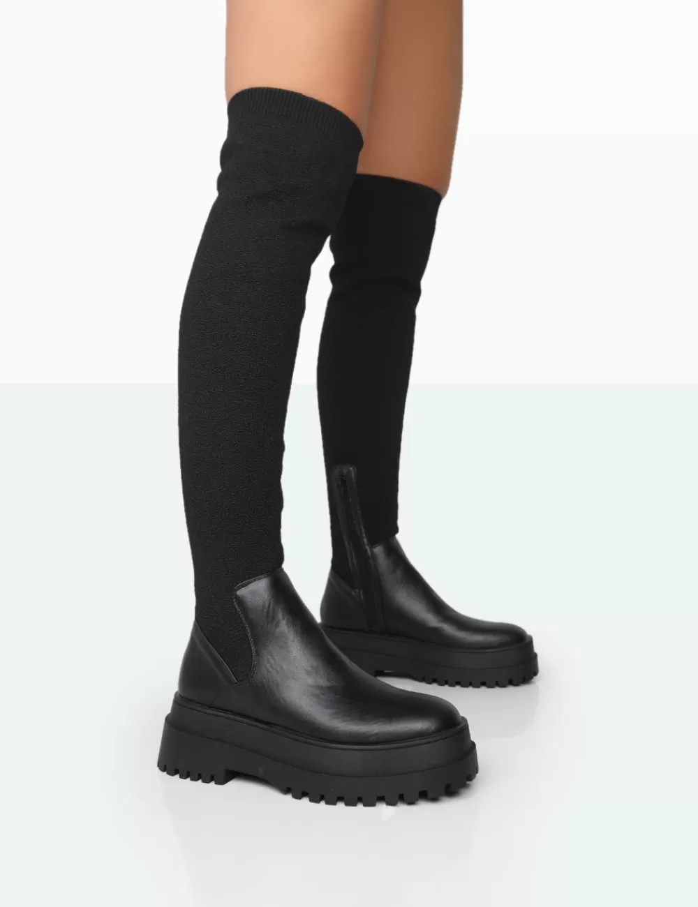 Hot Public Desire Happier Boucle Knit Over The Knee Boots Black