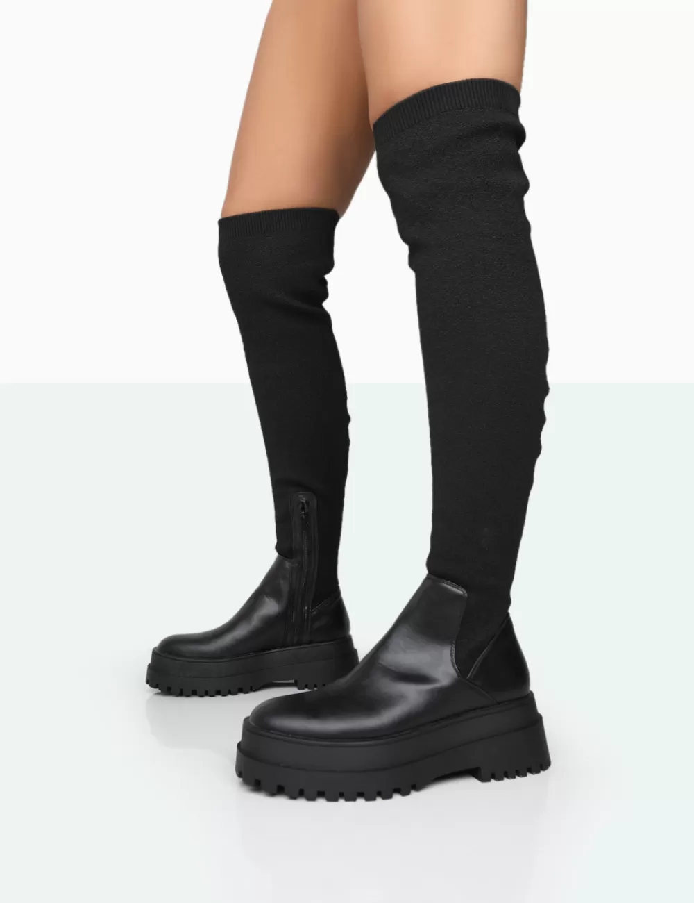 Hot Public Desire Happier Boucle Knit Over The Knee Boots Black