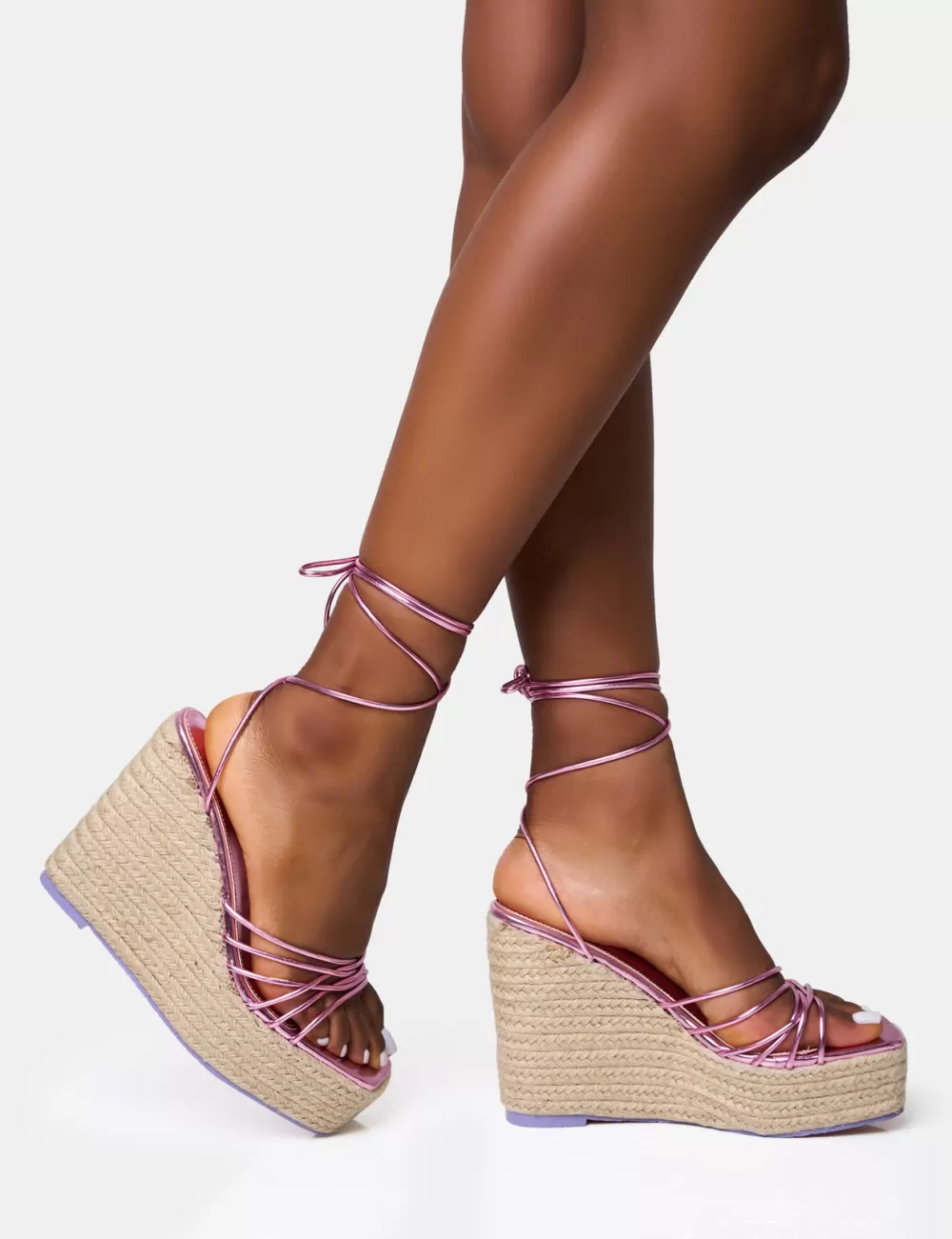 Store Public Desire Heated Wide Fit Strappy Lace Up Jute Wedges Pink