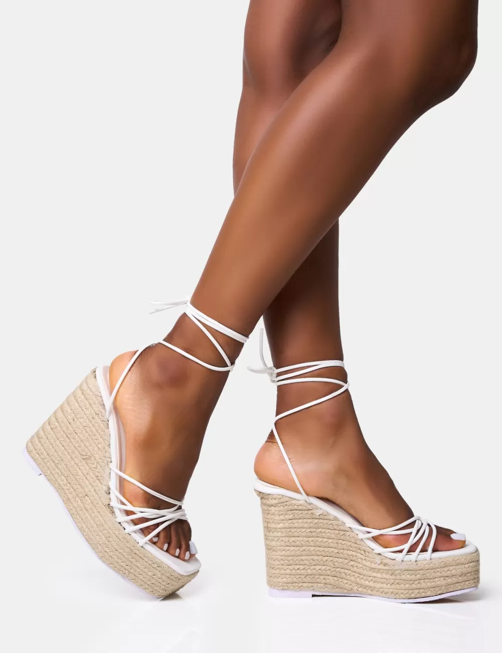 Sale Public Desire Heated Strappy Lace Up Jute Wedges White