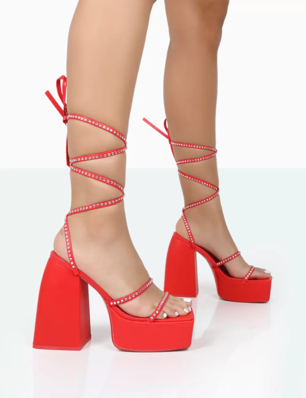 Online Public Desire Helena Grain Pu Sparkly Diamante Chunky Platform Heel Block Heels Red
