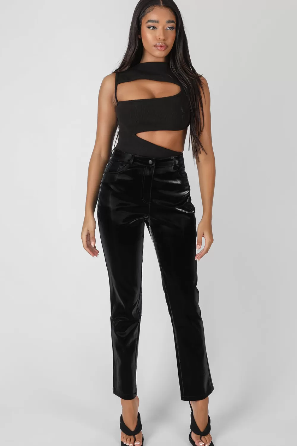 Best Sale Public Desire High Shine Vinyl Straight Leg Trousers Black