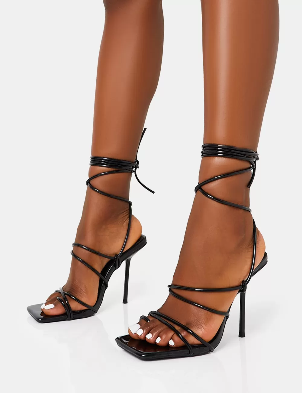 Cheap Public Desire Holly Patent Strappy Tie Up Square Toe Stiletto Heels Black