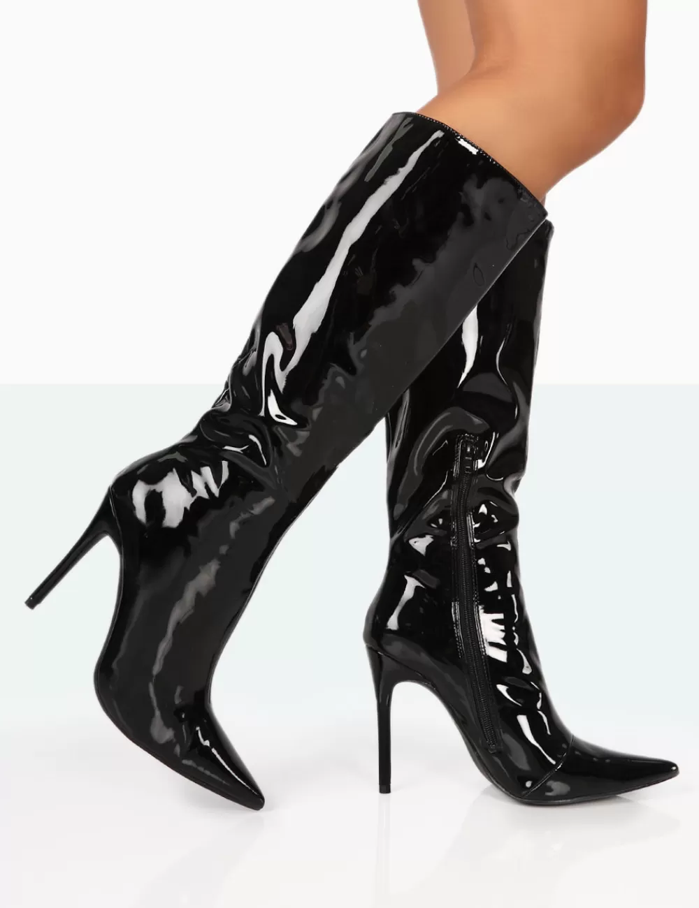 Discount Public Desire Horizon Patent Stiletto Knee High Pointed Heeled Boots Black