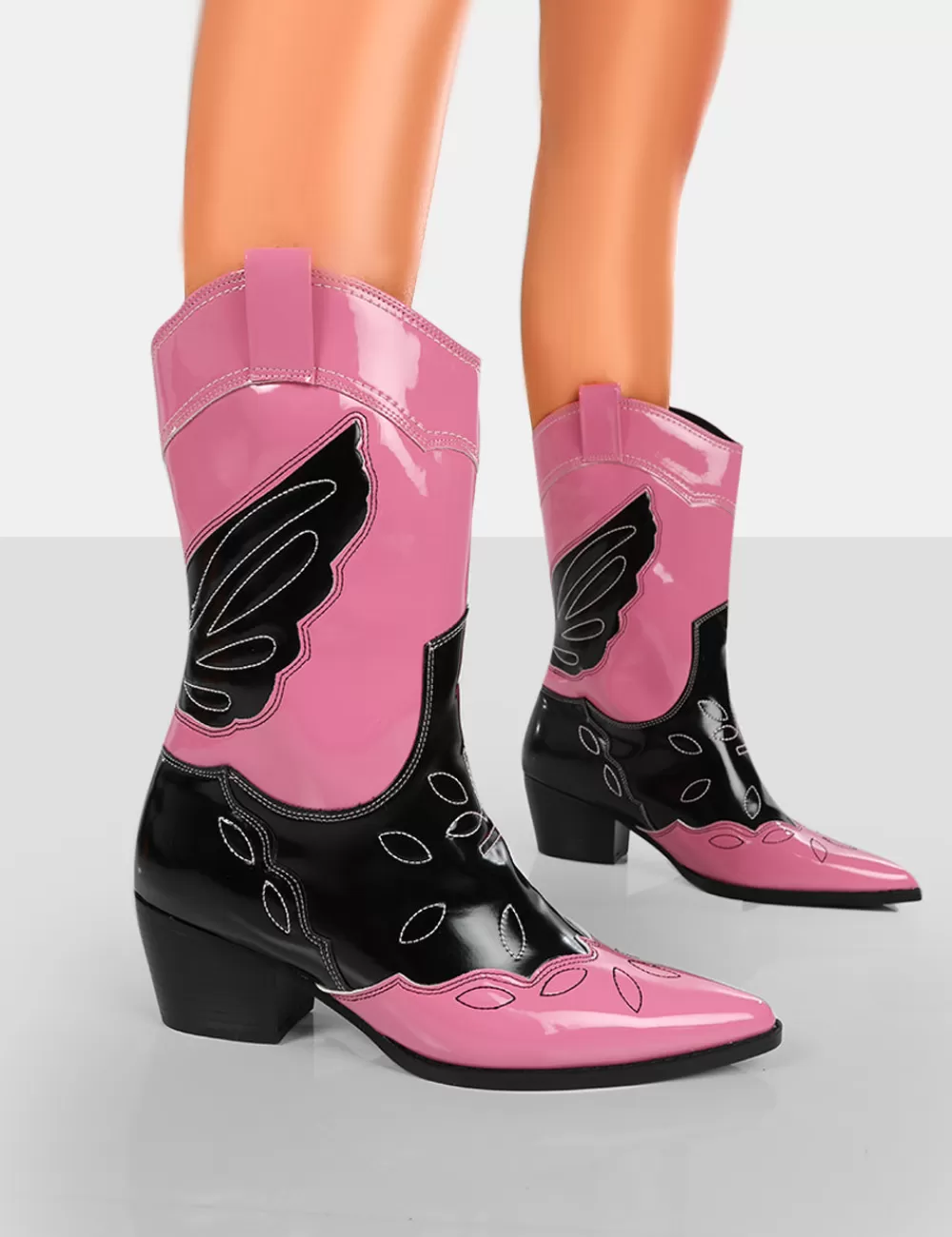 Flash Sale Public Desire Howdy Patent Pointed Toe Western Cowboy Block Ankle Boots Pink