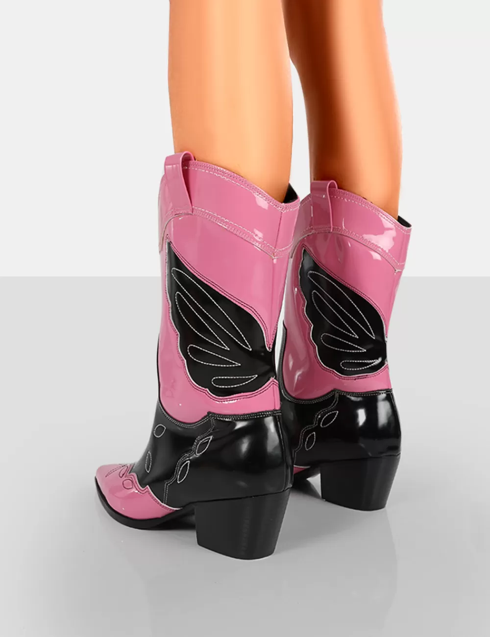 Flash Sale Public Desire Howdy Patent Pointed Toe Western Cowboy Block Ankle Boots Pink