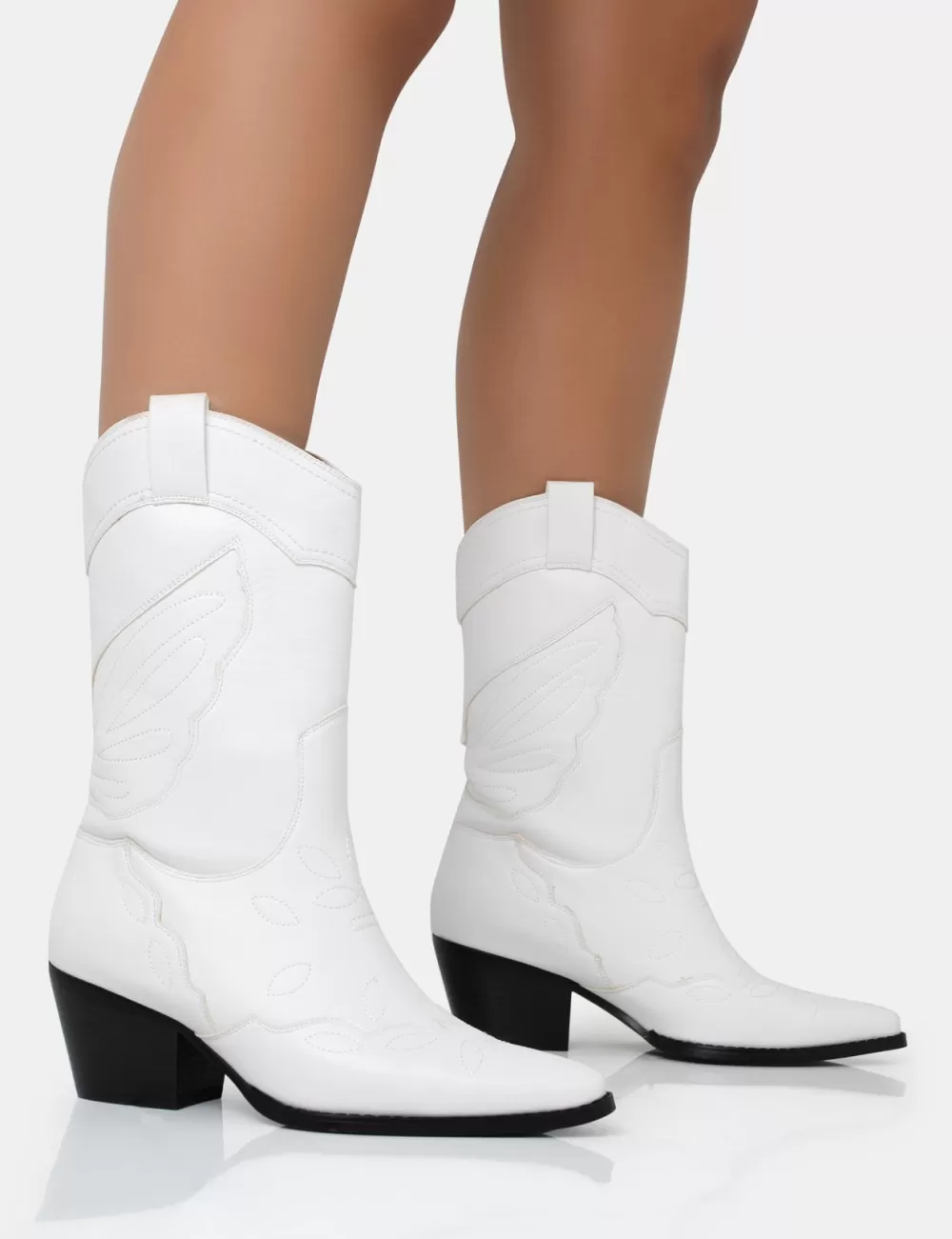 Store Public Desire Howdy Pu Pointed Toe Western Cowboy Block Ankle Boots White