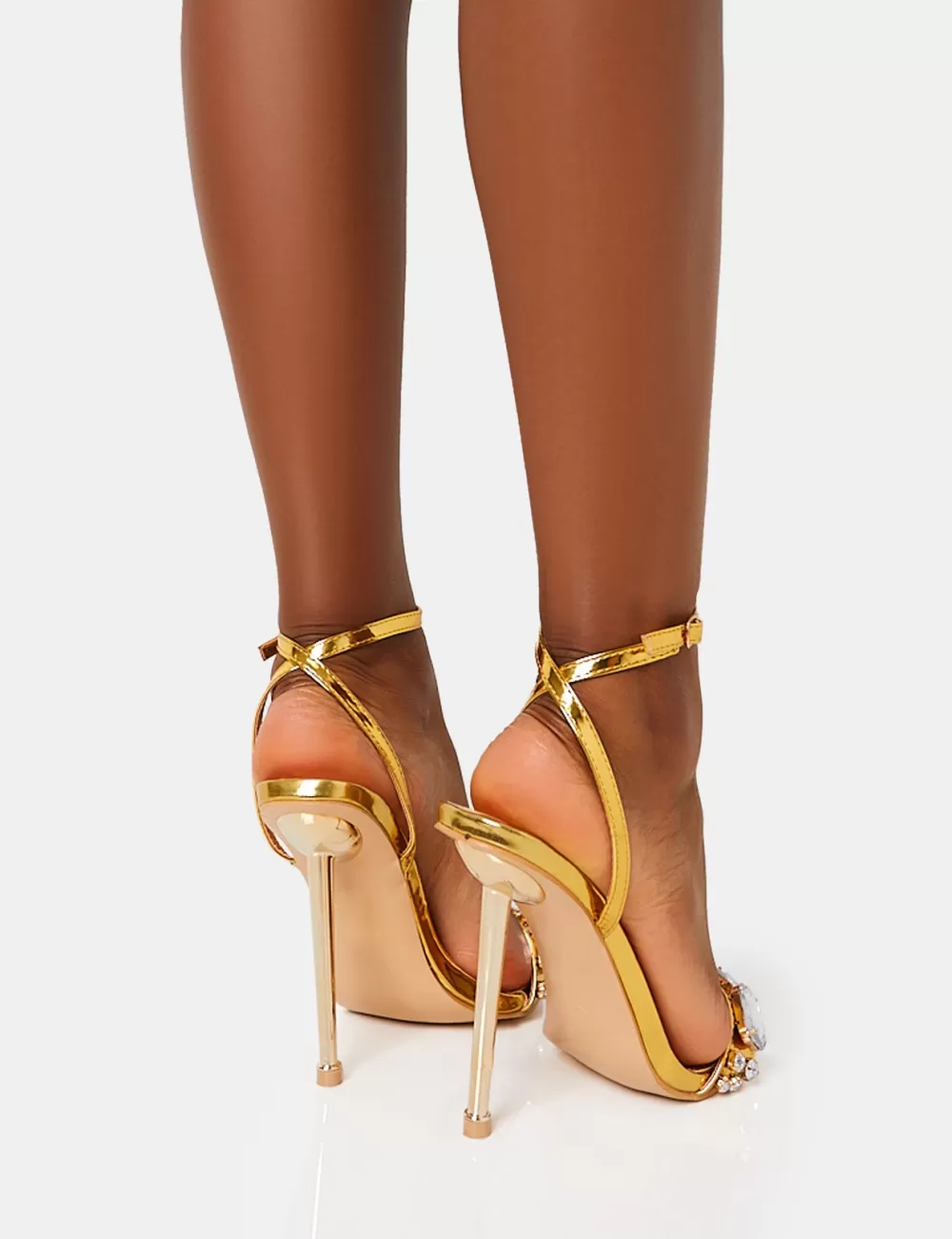 Cheap Public Desire Icicle Gold Metallic Patent Extreme Jeweled Ankle Strap Pointed Toe Stiletto Heels