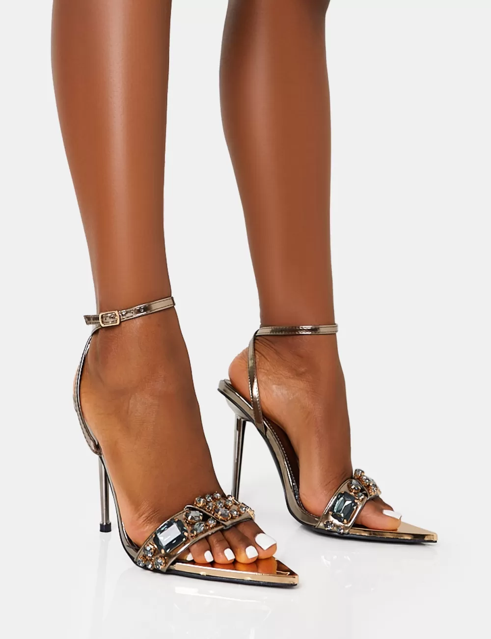 Online Public Desire Icicle Pewter Extreme Jeweled Ankle Strap Pointed Toe Stiletto Heels