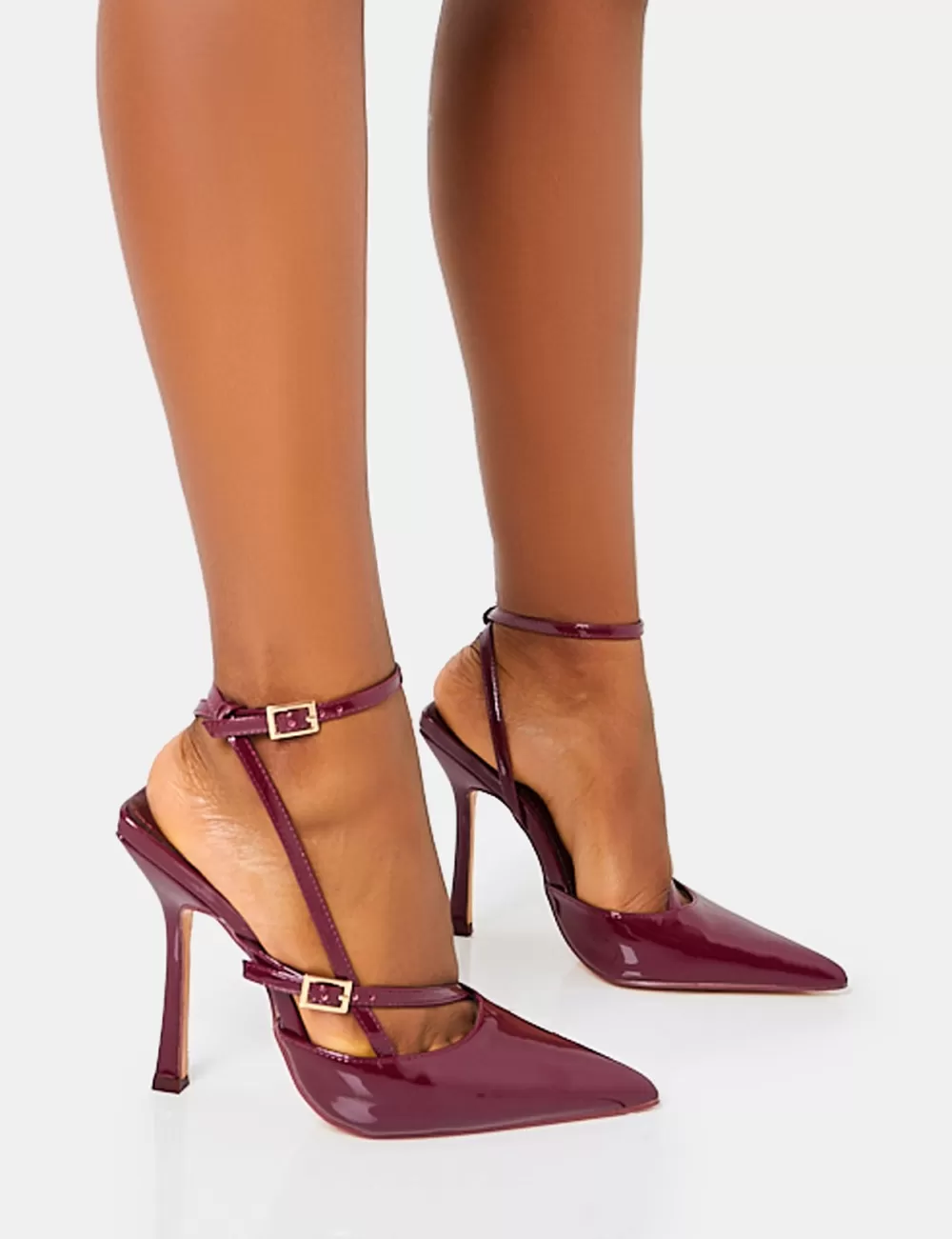 New Public Desire Idol Patent Buckle Strappy Detail Stiletto Court High Heels Burgundy
