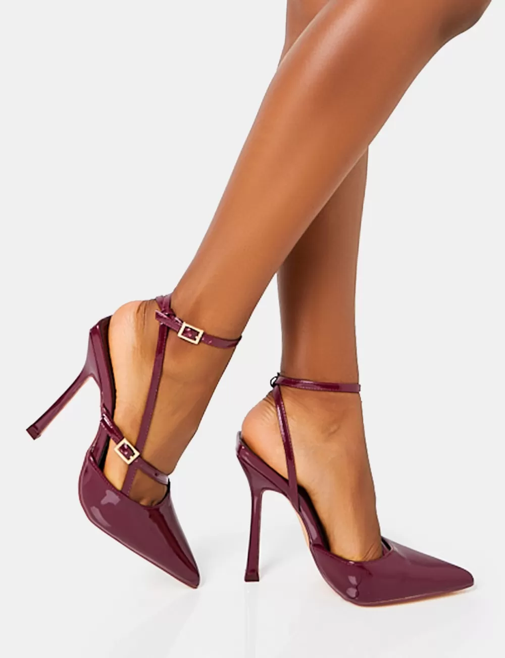 New Public Desire Idol Patent Buckle Strappy Detail Stiletto Court High Heels Burgundy