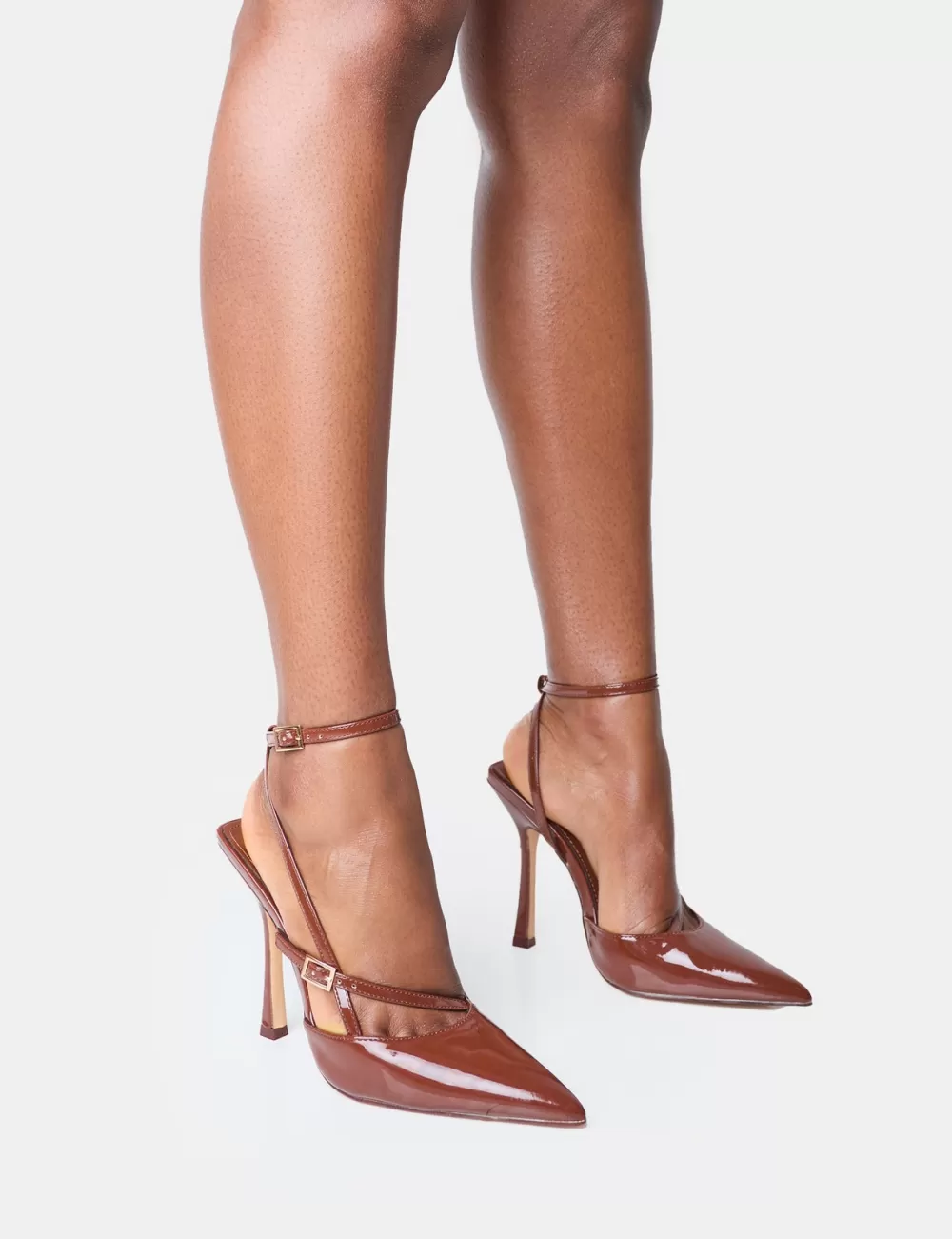 Flash Sale Public Desire Idol Chocolate Patent Buckle Strappy Detail Stiletto Court High Heels Brown