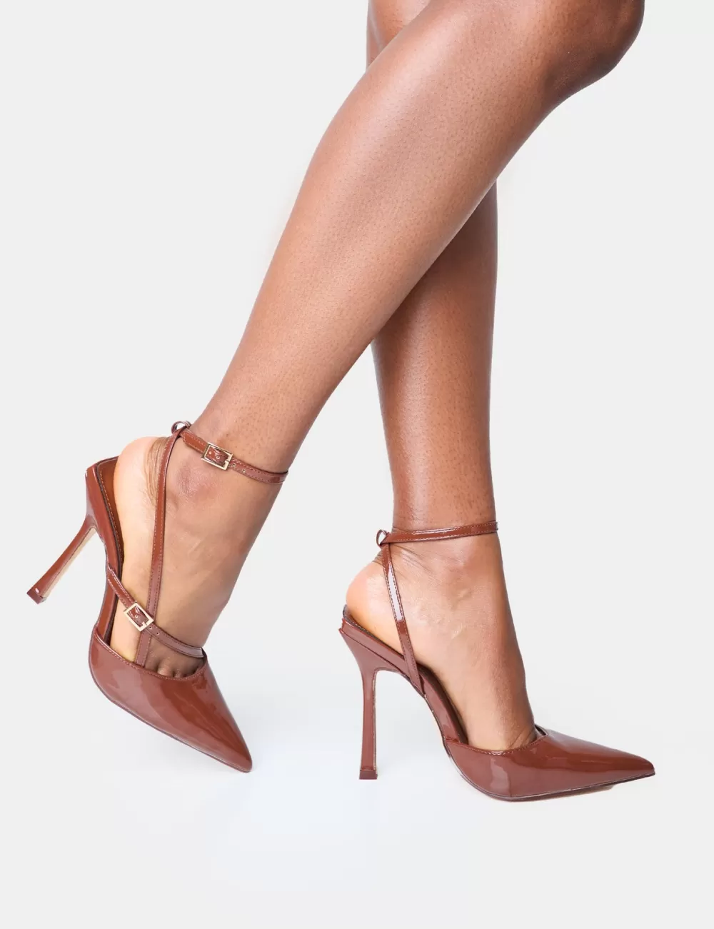 Flash Sale Public Desire Idol Chocolate Patent Buckle Strappy Detail Stiletto Court High Heels Brown
