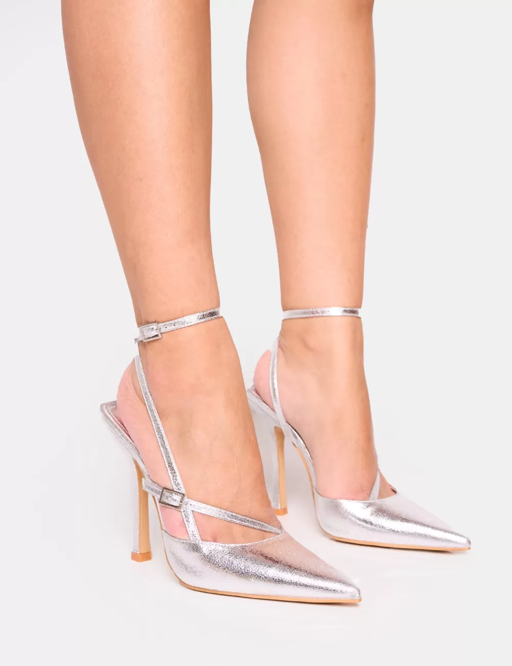 Clearance Public Desire Idol Cracked Buckle Strappy Detail Stiletto Court High Heels Silver