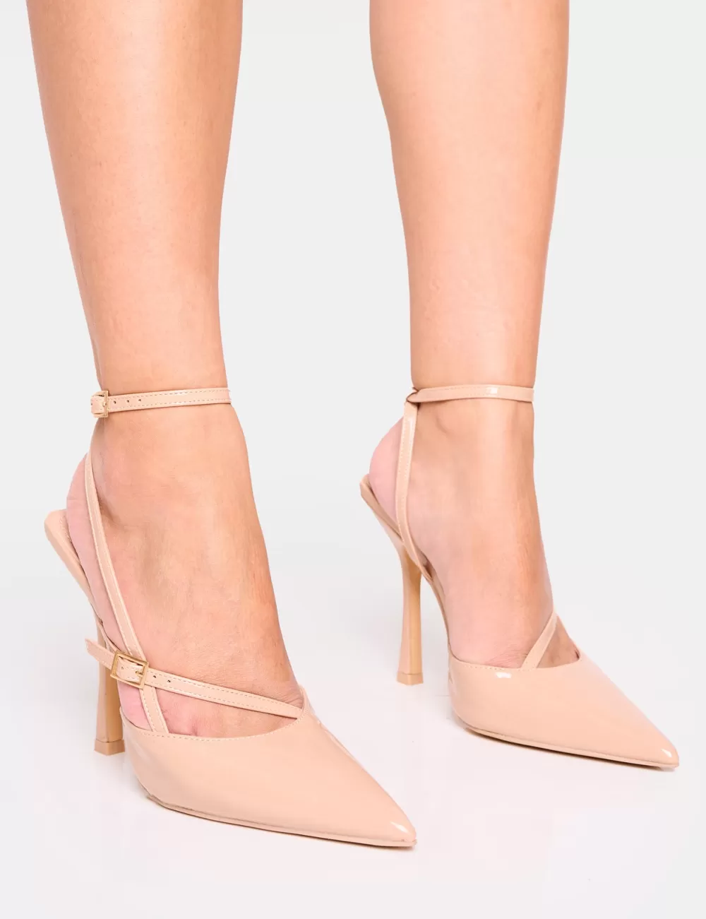 Best Sale Public Desire Idol Patent Buckle Strappy Detail Stiletto Court High Heels Nude