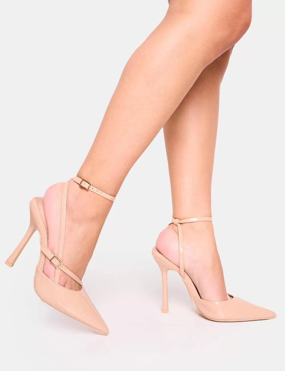 Best Sale Public Desire Idol Patent Buckle Strappy Detail Stiletto Court High Heels Nude