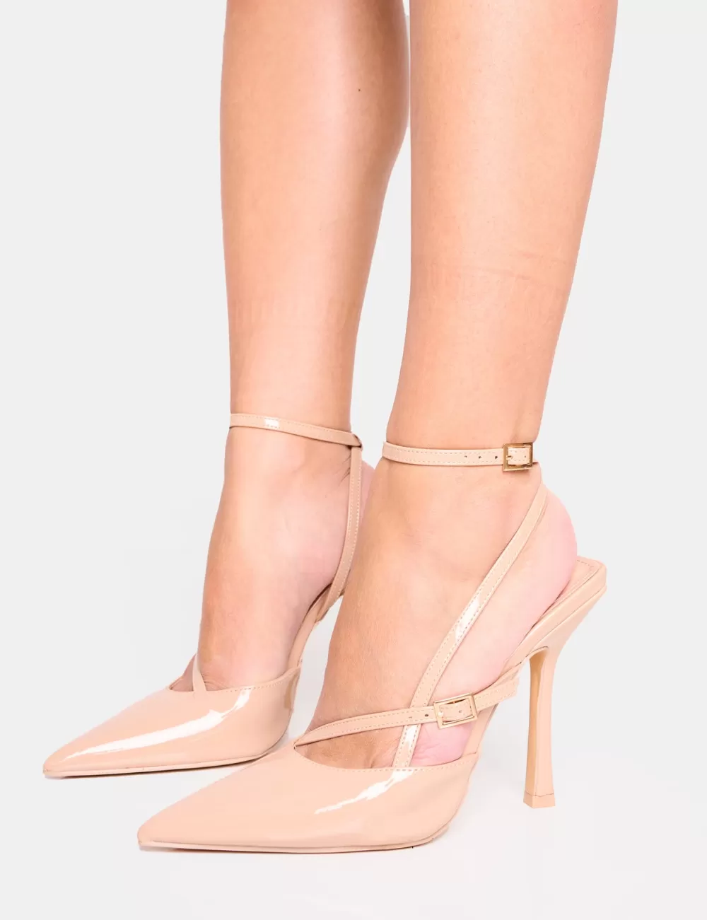 Best Sale Public Desire Idol Patent Buckle Strappy Detail Stiletto Court High Heels Nude