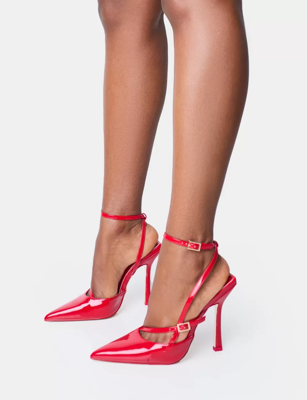 Sale Public Desire Idol Patent Buckle Strappy Detail Stiletto Court High Heels Red