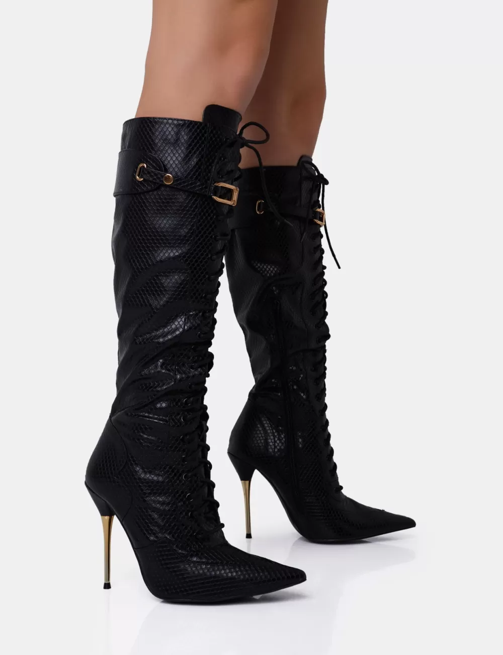 Clearance Public Desire Infatuated Croc Lace Up Buckle Feature Stiletto Knee High Boots Black