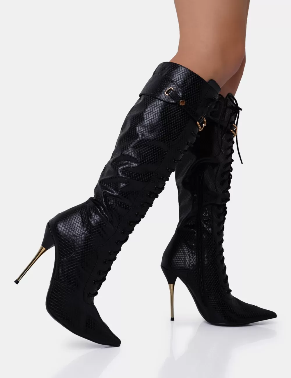 Clearance Public Desire Infatuated Croc Lace Up Buckle Feature Stiletto Knee High Boots Black