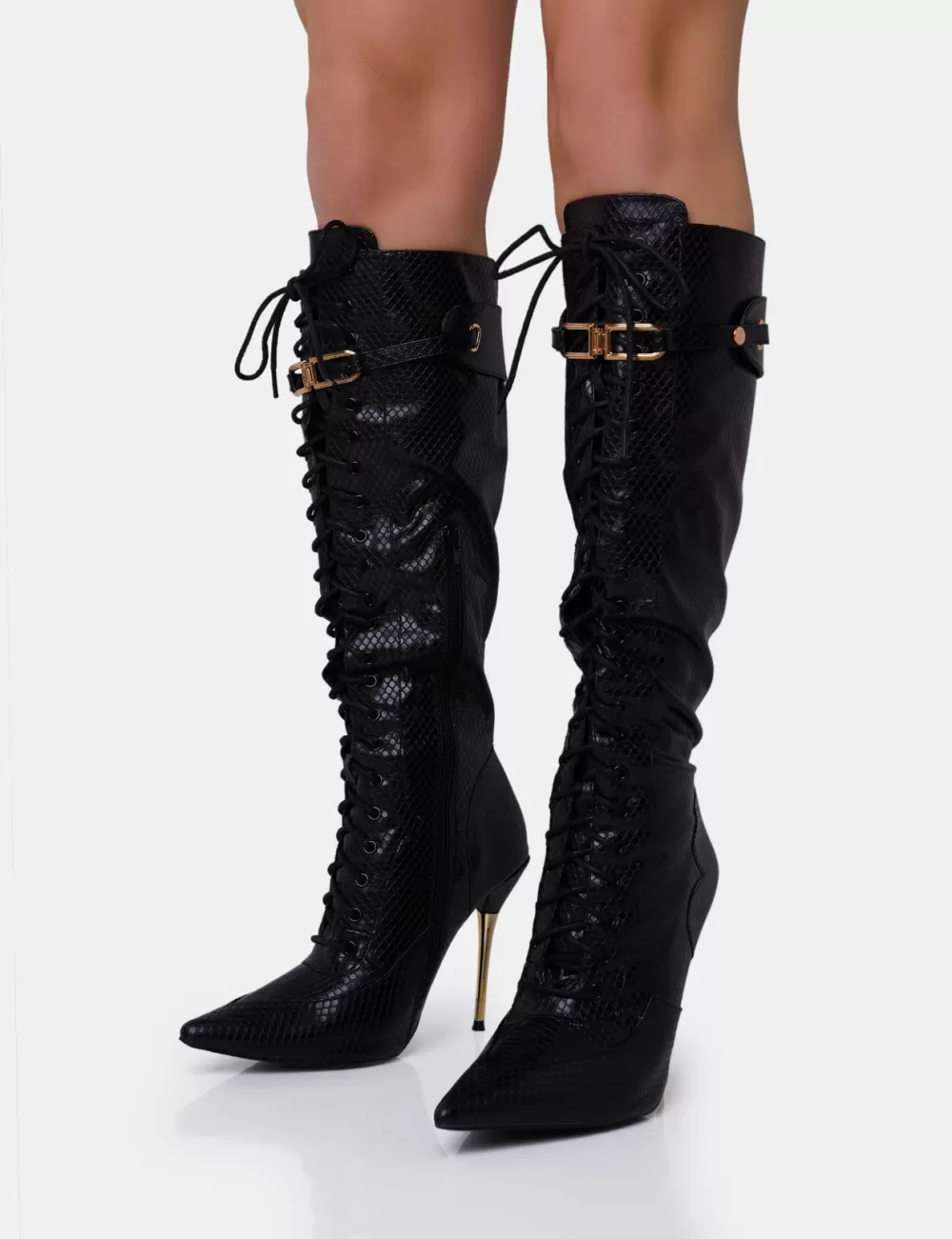 Clearance Public Desire Infatuated Croc Lace Up Buckle Feature Stiletto Knee High Boots Black
