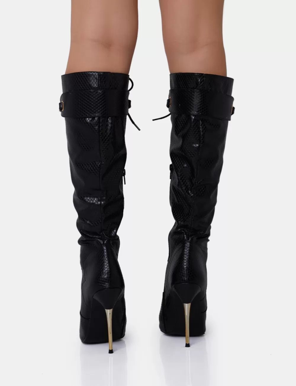 Clearance Public Desire Infatuated Croc Lace Up Buckle Feature Stiletto Knee High Boots Black