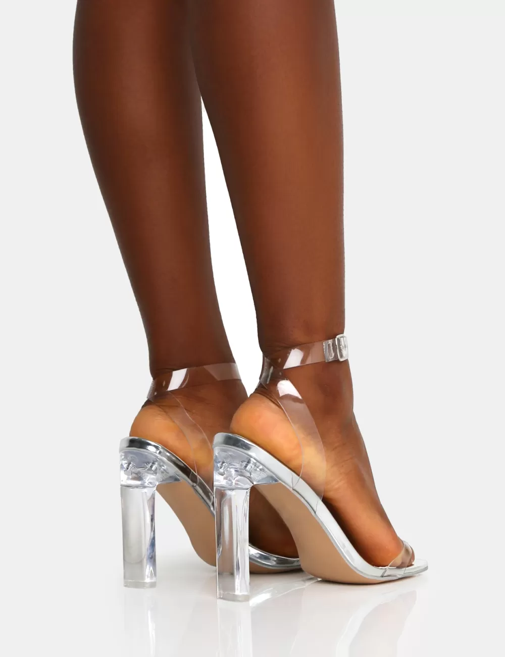 New Public Desire Inka Mirror Perspex Round Toe Flat Block Heels Silver