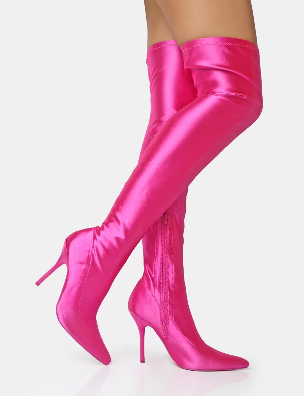 Clearance Public Desire Instinct Lycra Pointed Toe Stiletto Over The Knee Boots Pink
